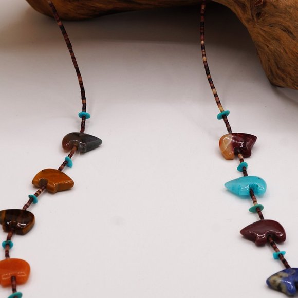 Vintage Southwest Native American Bear Fetish Multi Gemstone Necklace 30" - Picture 9 of 10